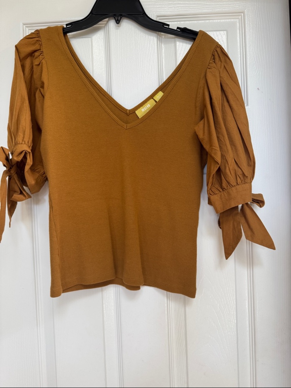 Anthropologie Mustard Brown V-Neck Puff Sleeve Tie Top